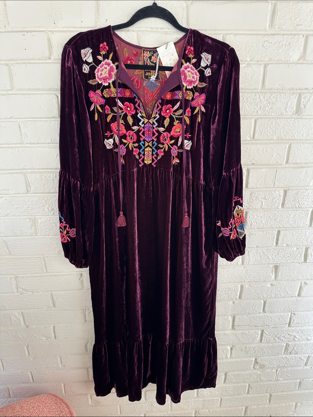 NWT JOHNNY WAS Velvet Bishop Sleeve Anaya Dress S Boho Midi Eggplant Embroidered